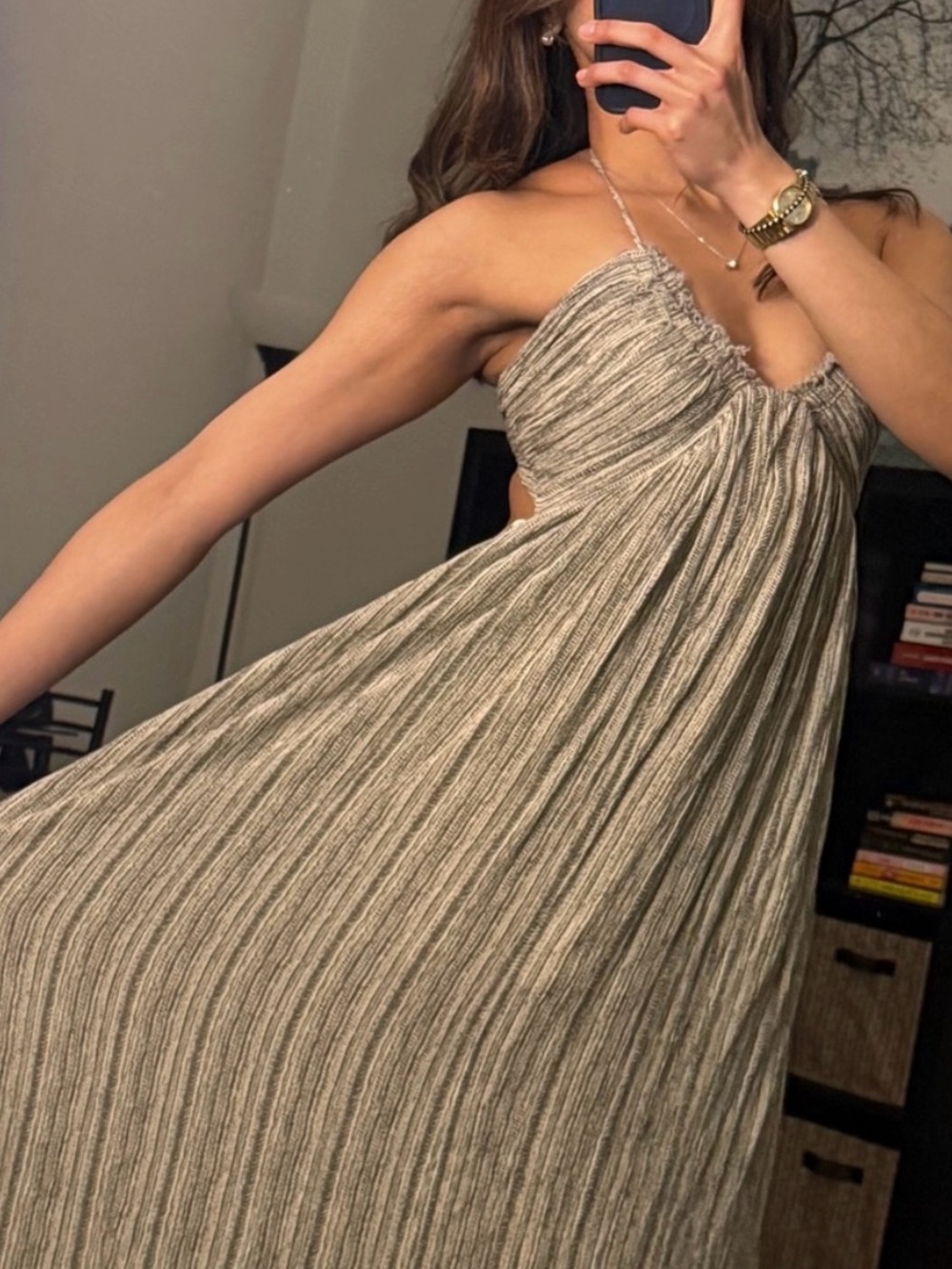 Boho Spaghetti Strap Maxi Dress in Taupe Stripe